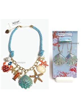 NWT Betsey Johnson 💋SEALIFE Gold Tone Glass Crystals Drop Earrings & Necklace